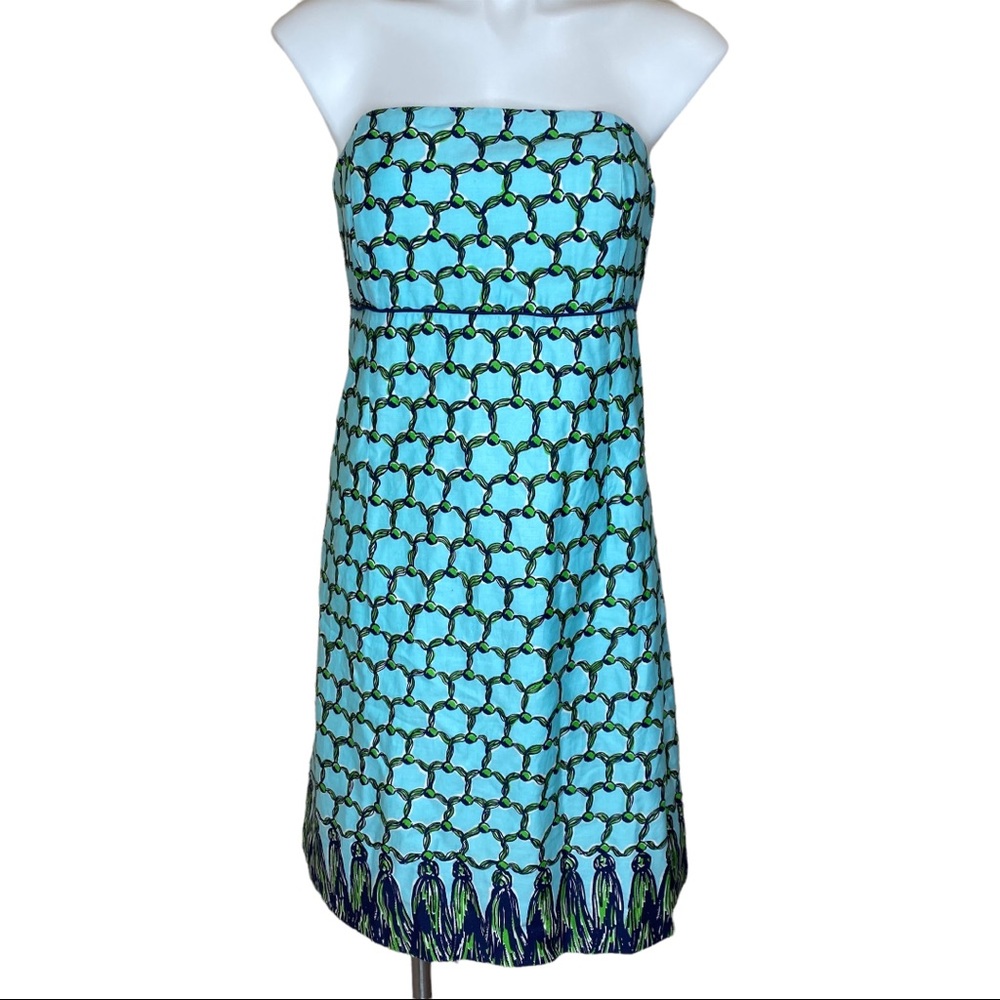 Lilly Pulitzer Tassel Print Green Blue cotton strapless Dress style 17981